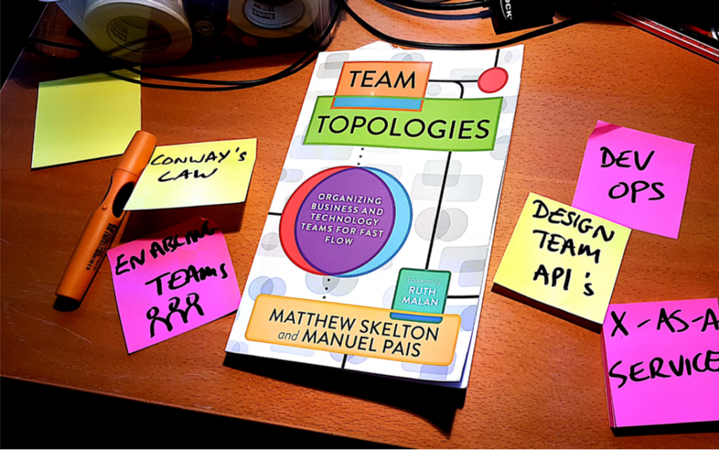 Team Topologies book on my desk with some post-its around it